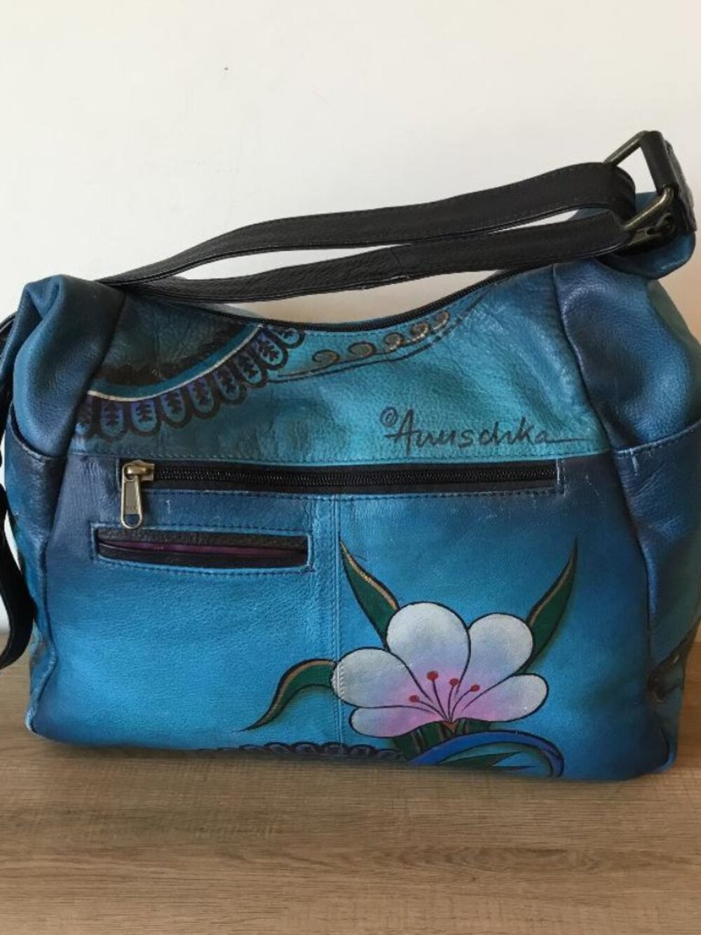 Anuschka Teal Floral Shoulder Bag with Pink and Blue Accents and Makeup Bag - Picture 2 of 14